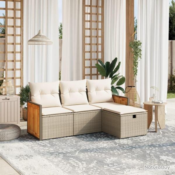 Salon de jardin avec coussins 4 pcs beige r�sine tress�e alsavelo