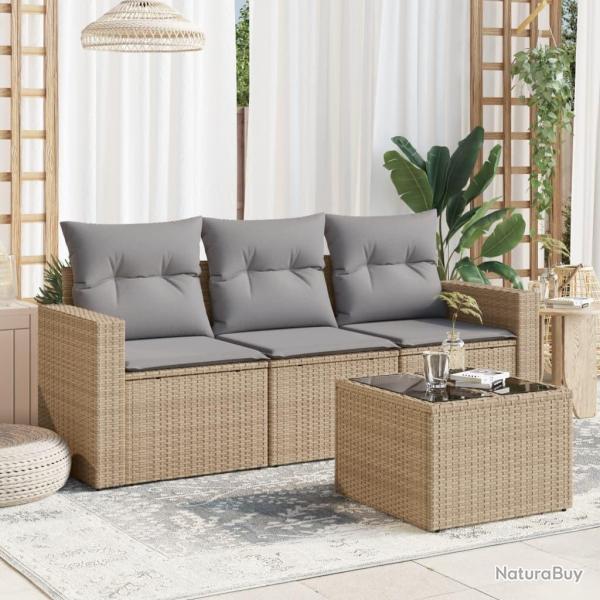 Salon de jardin avec coussins 4 pcs beige r�sine tress�e