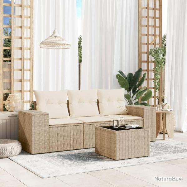 Salon de jardin avec coussins 4 pcs beige r�sine tress�e