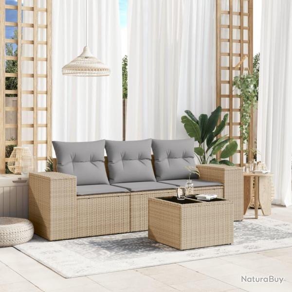 Salon de jardin avec coussins 4 pcs beige r�sine tress�e