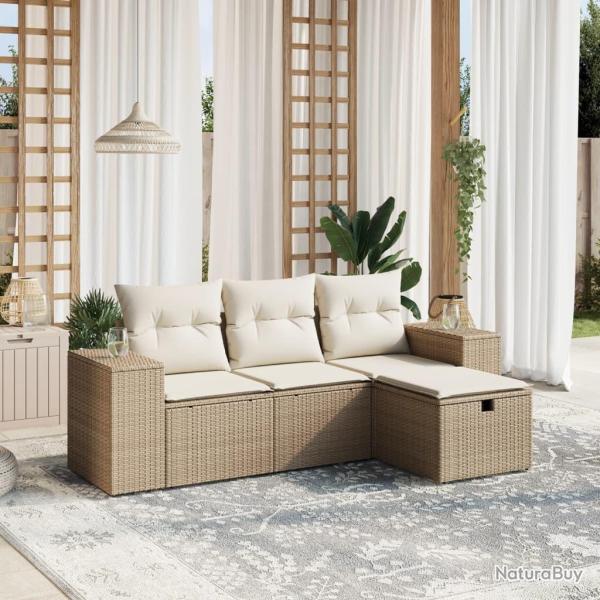 Salon de jardin avec coussins 4 pcs beige r�sine tress�e alsavelo