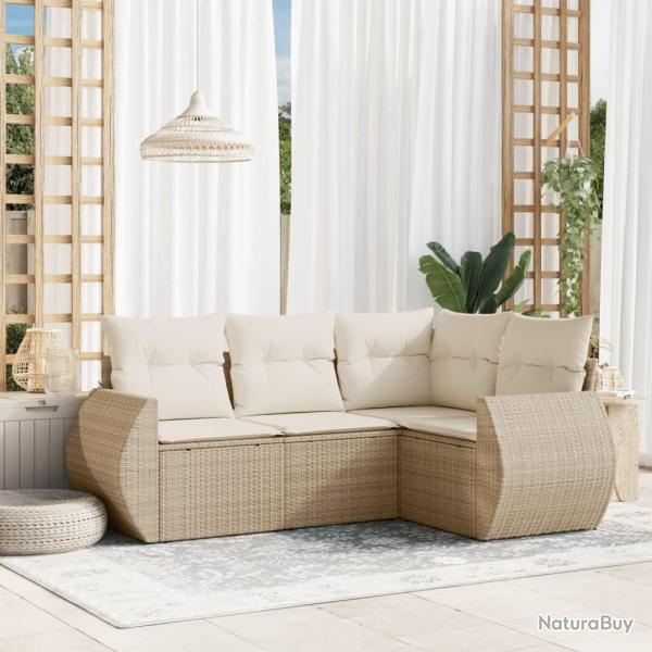 Salon de jardin avec coussins 4 pcs beige r�sine tress�e
