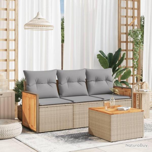 Salon de jardin avec coussins 4 pcs beige r�sine tress�e