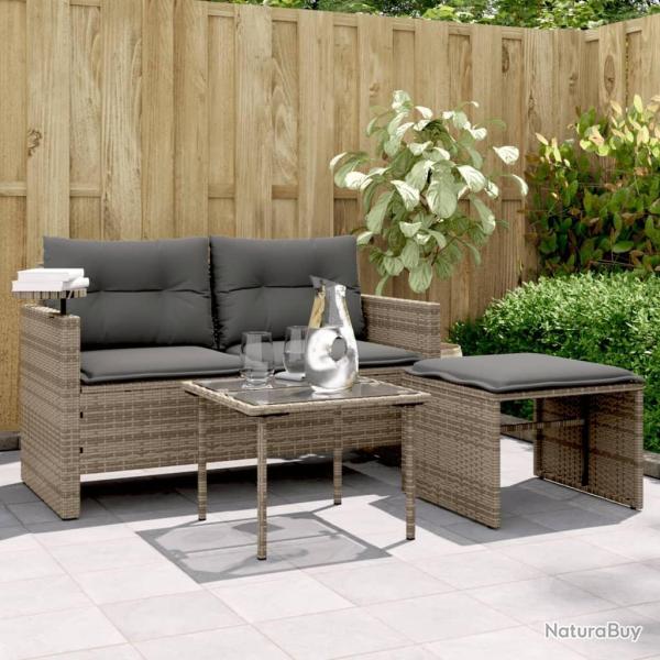 Salon de jardin avec coussins 3 pcs gris r�sine tress�e alsavelo