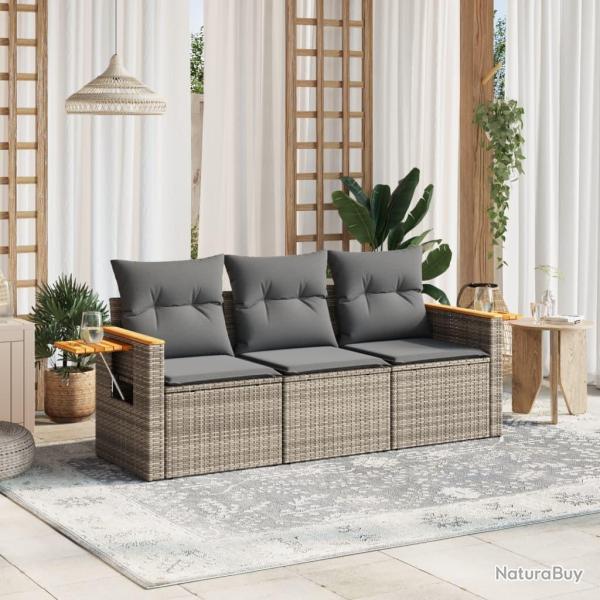 Salon de jardin avec coussins 3 pcs gris r�sine tress�e alsavelo