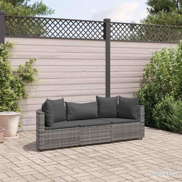 Salon de jardin avec coussins 3 pcs gris r�sine tress�e