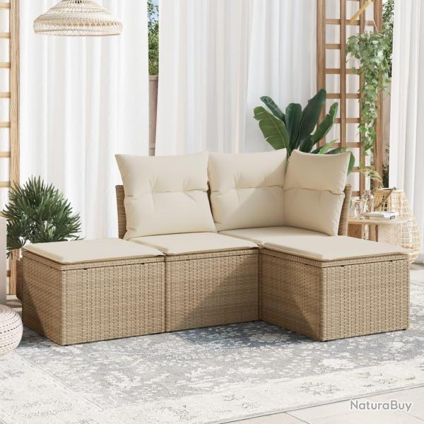 Salon de jardin avec coussins 4 pcs beige r�sine tress�e