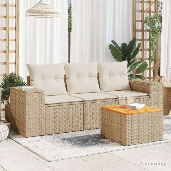 Salon de jardin avec coussins 4 pcs beige r�sine tress�e