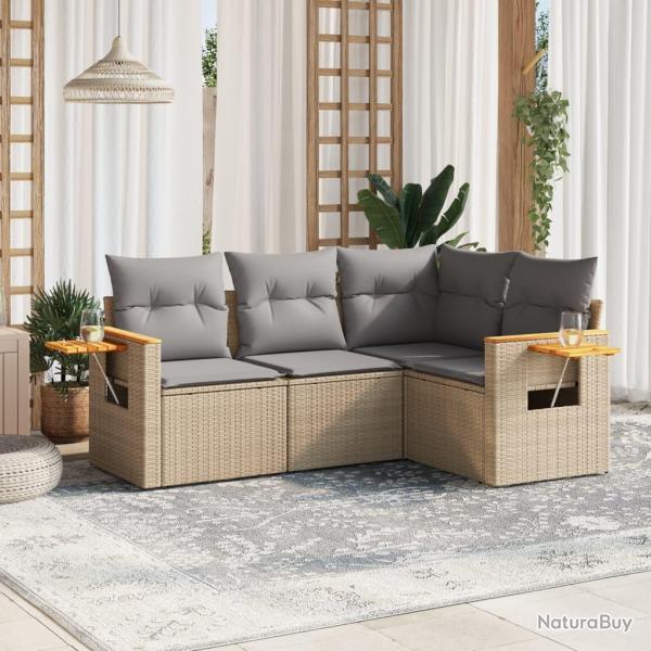 Salon de jardin avec coussins 4 pcs beige r�sine tress�e