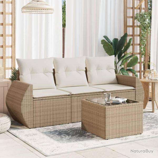 Salon de jardin avec coussins 4 pcs beige r�sine tress�e