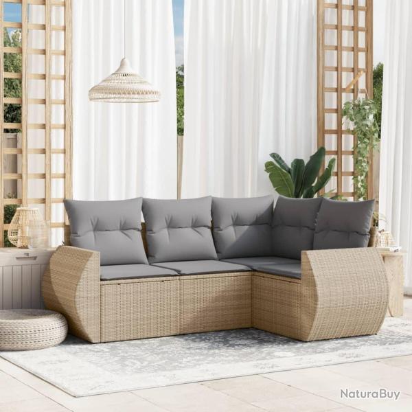 Salon de jardin avec coussins 4 pcs beige r�sine tress�e
