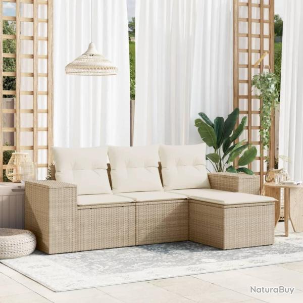 Salon de jardin avec coussins 4 pcs beige r�sine tress�e