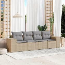 Salon de jardin avec coussins 4 pcs beige r&eacute;sine tress&eacute;e