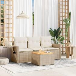 Salon de jardin avec coussins 4 pcs beige r&eacute;sine tress&eacute;e