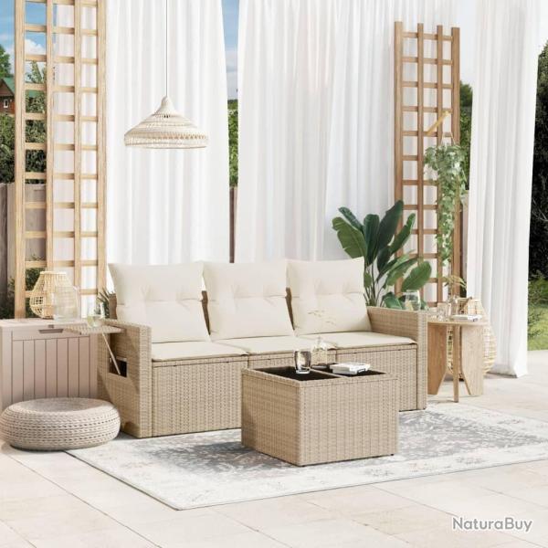 Salon de jardin avec coussins 4 pcs beige r�sine tress�e