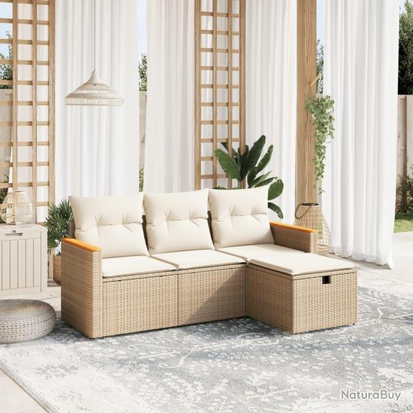 Salon de jardin avec coussins 4 pcs beige r�sine tress�e alsavelo