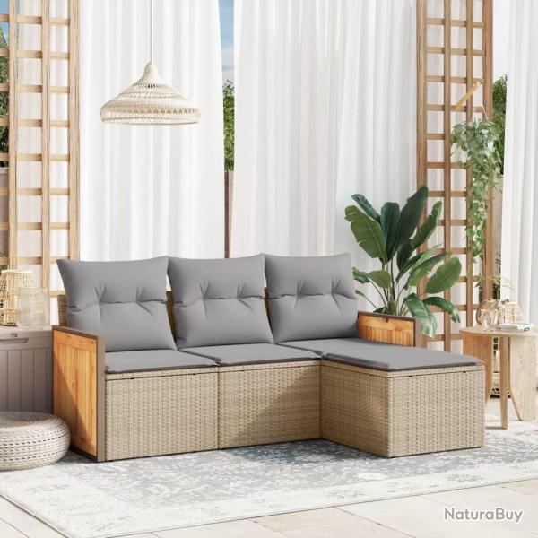 Salon de jardin avec coussins 4 pcs beige r�sine tress�e