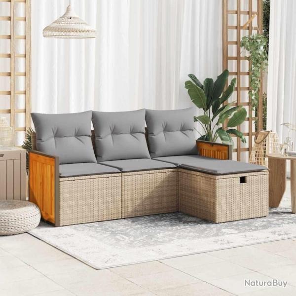 Salon de jardin avec coussins 4 pcs beige r�sine tress�e