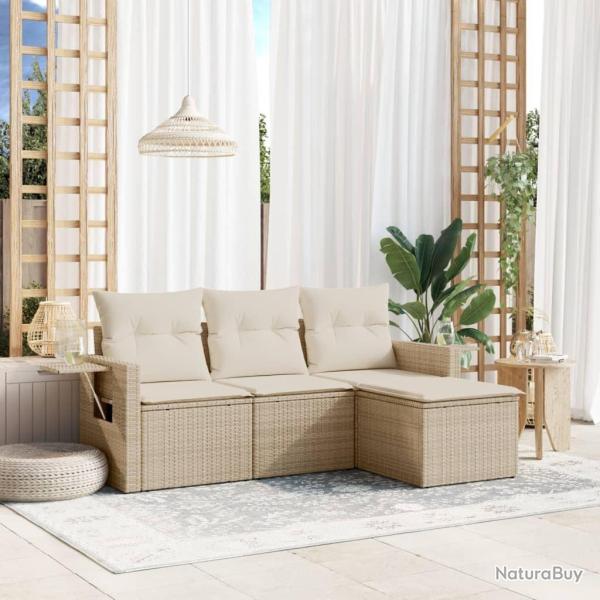 Salon de jardin avec coussins 4 pcs beige r�sine tress�e alsavelo