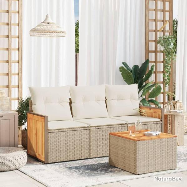 Salon de jardin avec coussins 4 pcs beige r�sine tress�e