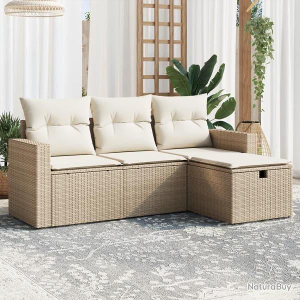 Salon de jardin avec coussins 4 pcs beige r�sine tress�e alsavelo