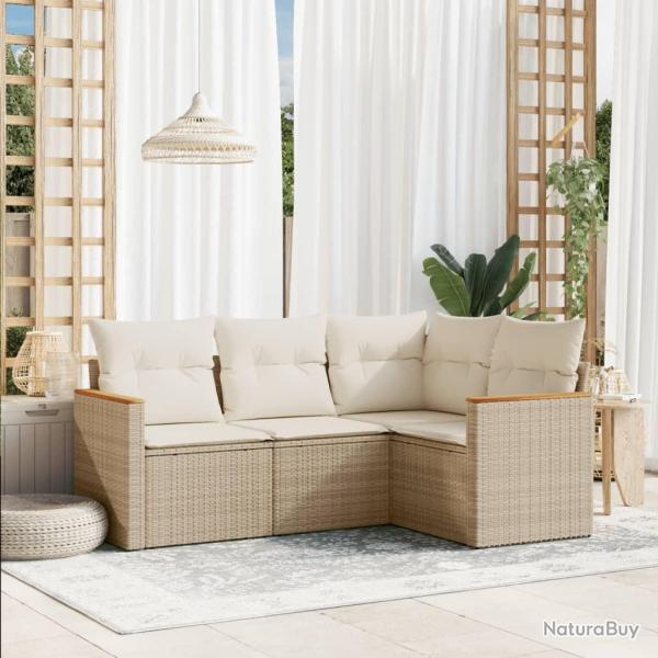 Salon de jardin avec coussins 4 pcs beige r�sine tress�e alsavelo