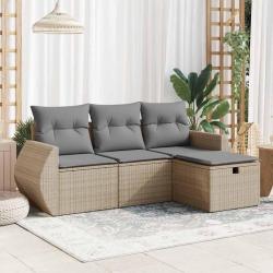Salon de jardin avec coussins 4 pcs beige r&eacute;sine tress&eacute;e alsavelo