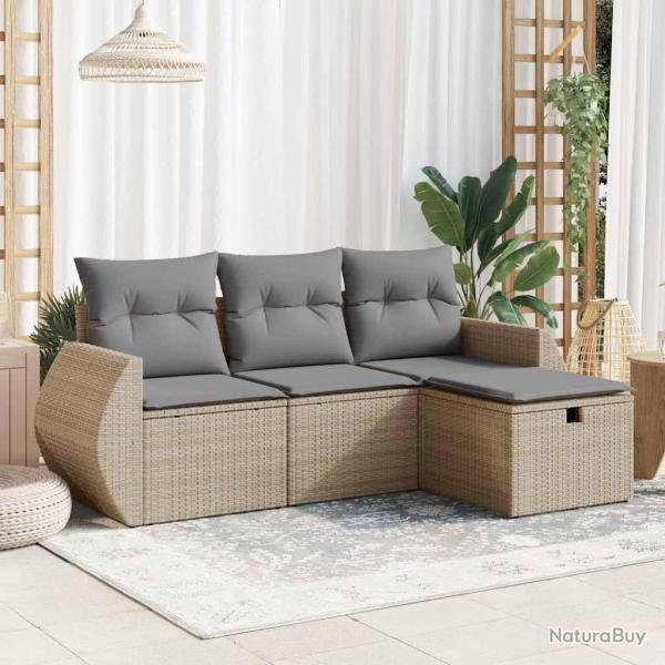 Salon de jardin avec coussins 4 pcs beige r�sine tress�e alsavelo
