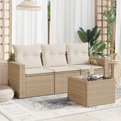 Salon de jardin avec coussins 4 pcs beige r&eacute;sine tress&eacute;e alsavelo