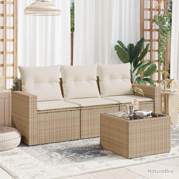 Salon de jardin avec coussins 4 pcs beige r�sine tress�e