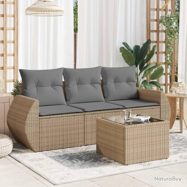 Salon de jardin avec coussins 4 pcs beige r�sine tress�e