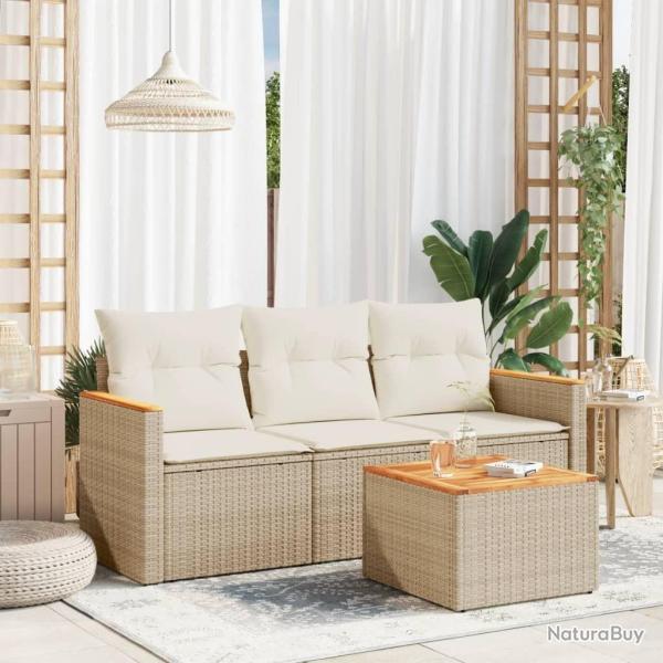 Salon de jardin avec coussins 4 pcs beige r�sine tress�e