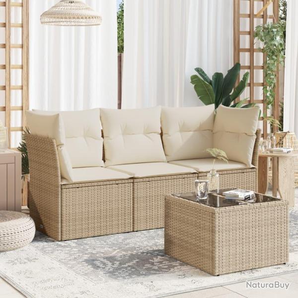 Salon de jardin avec coussins 4 pcs beige r�sine tress�e