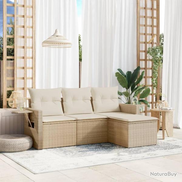 Salon de jardin avec coussins 4 pcs beige r�sine tress�e