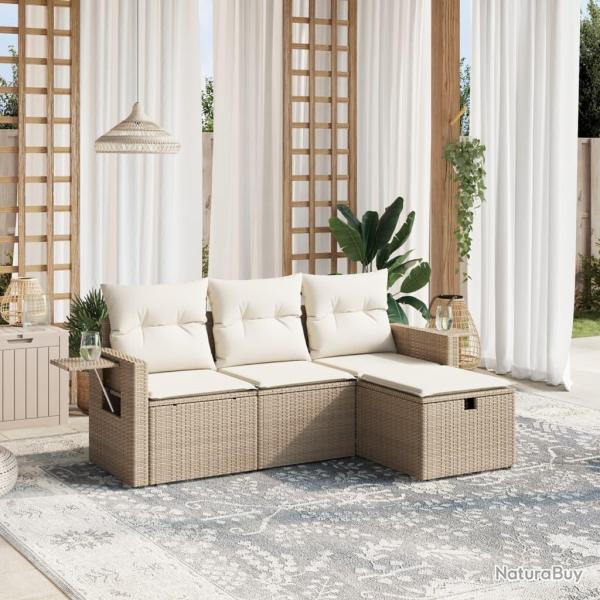 Salon de jardin avec coussins 4 pcs beige r�sine tress�e