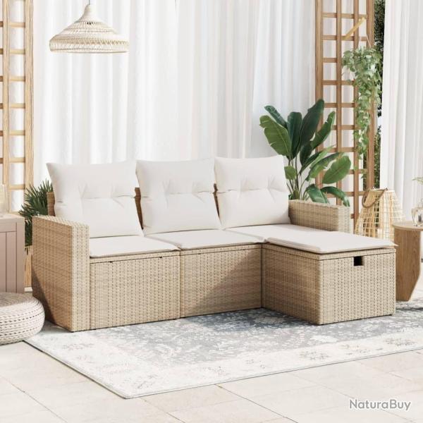 Salon de jardin avec coussins 4 pcs beige r�sine tress�e