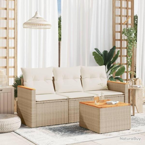 Salon de jardin avec coussins 4 pcs beige r�sine tress�e