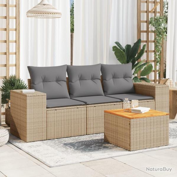 Salon de jardin avec coussins 4 pcs beige r�sine tress�e