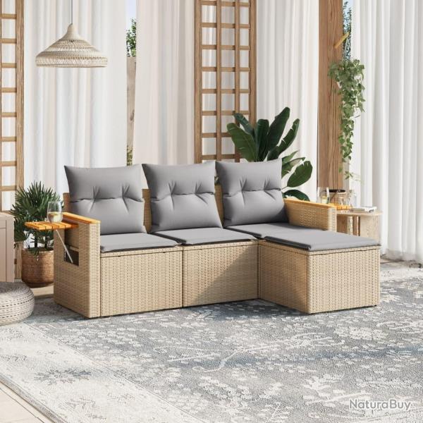 Salon de jardin avec coussins 4 pcs beige r�sine tress�e