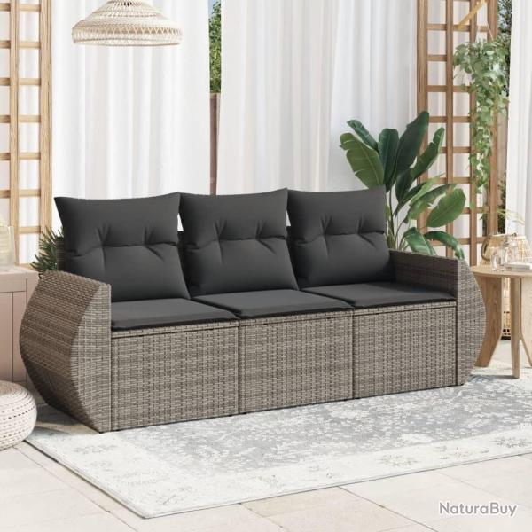 Salon de jardin avec coussins 3 pcs gris r�sine tress�e alsavelo