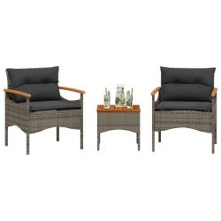 Salon de jardin avec coussins 3 pcs gris r&eacute;sine tress&eacute;e alsavelo