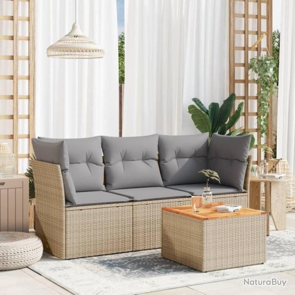 Salon de jardin avec coussins 4 pcs beige r�sine tress�e