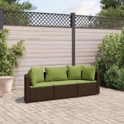 Salon de jardin avec coussins 3 pcs marron r&eacute;sine tress&eacute;e alsavelo