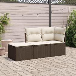 Salon de jardin avec coussins 3 pcs marron r&eacute;sine tress&eacute;e