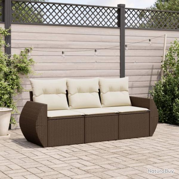 Salon de jardin avec coussins 3 pcs marron r�sine tress�e