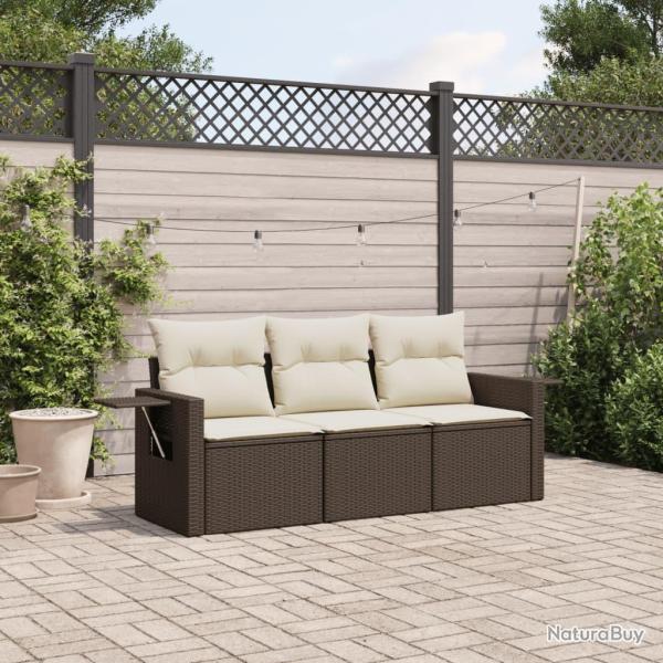 Salon de jardin avec coussins 3 pcs marron r�sine tress�e