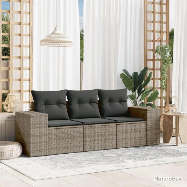 Salon de jardin avec coussins 3 pcs gris r�sine tress�e