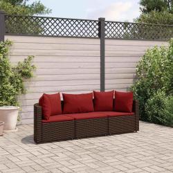 Salon de jardin avec coussins 3 pcs marron r&eacute;sine tress&eacute;e