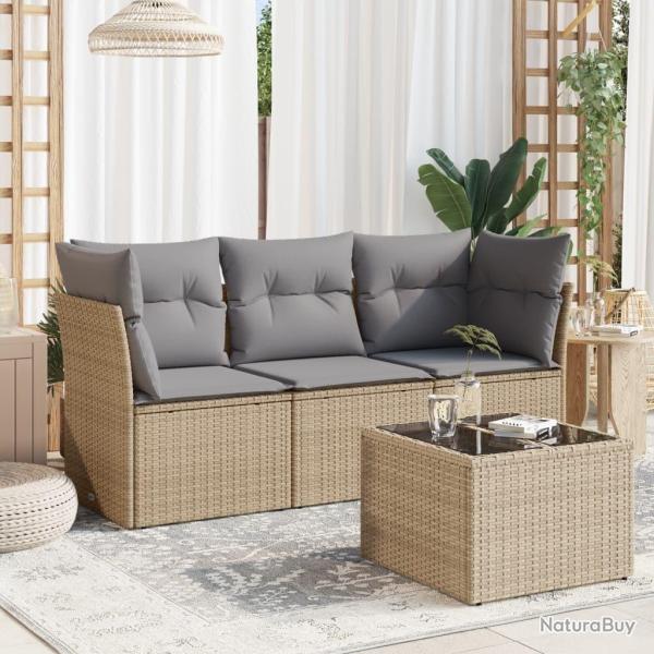 Salon de jardin avec coussins 4 pcs beige r�sine tress�e