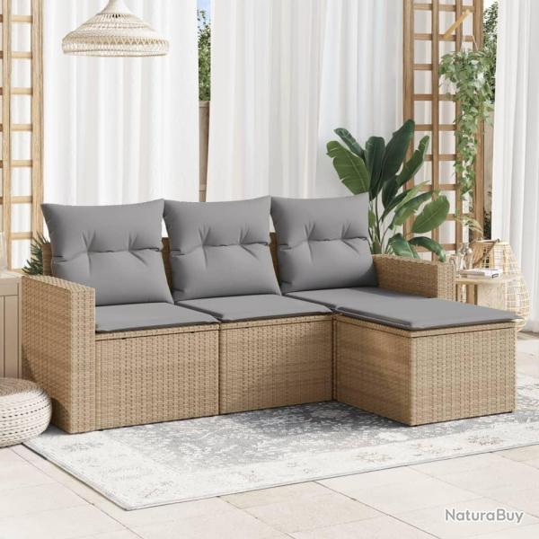 Salon de jardin avec coussins 4 pcs beige r�sine tress�e alsavelo